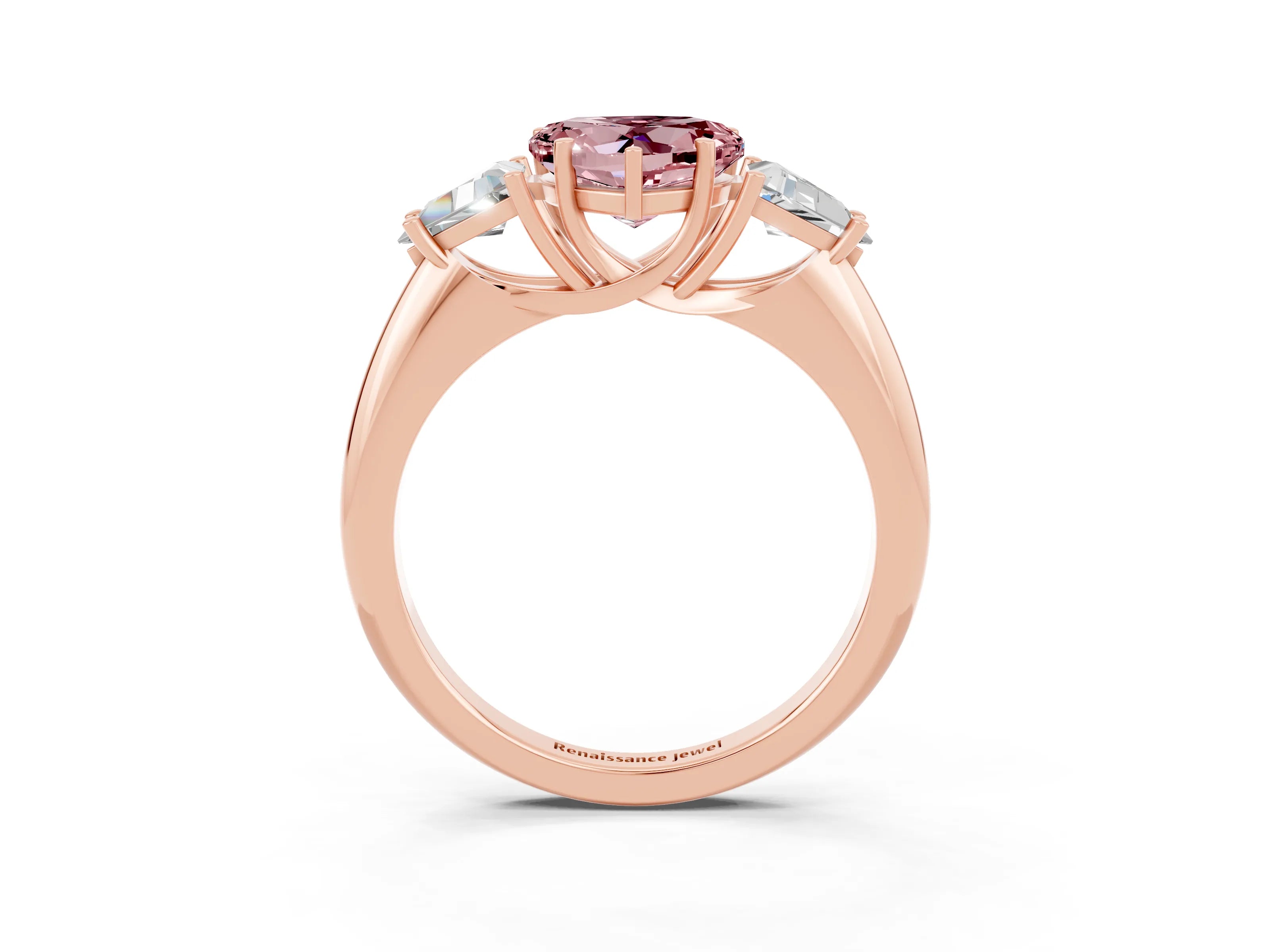Rose gold Three-Stone Heart Cut Cut Diamond Ring with Trillion Side Stones and Four-Prong Setting_3