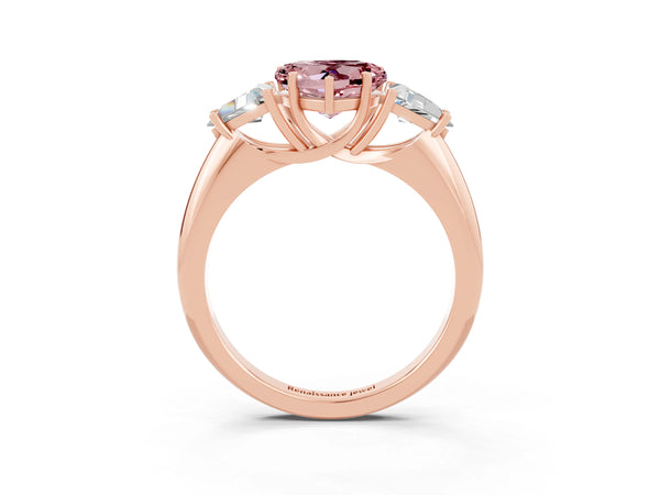 Rose gold Three-Stone Heart Cut Cut Diamond Ring with Trillion Side Stones and Four-Prong Setting