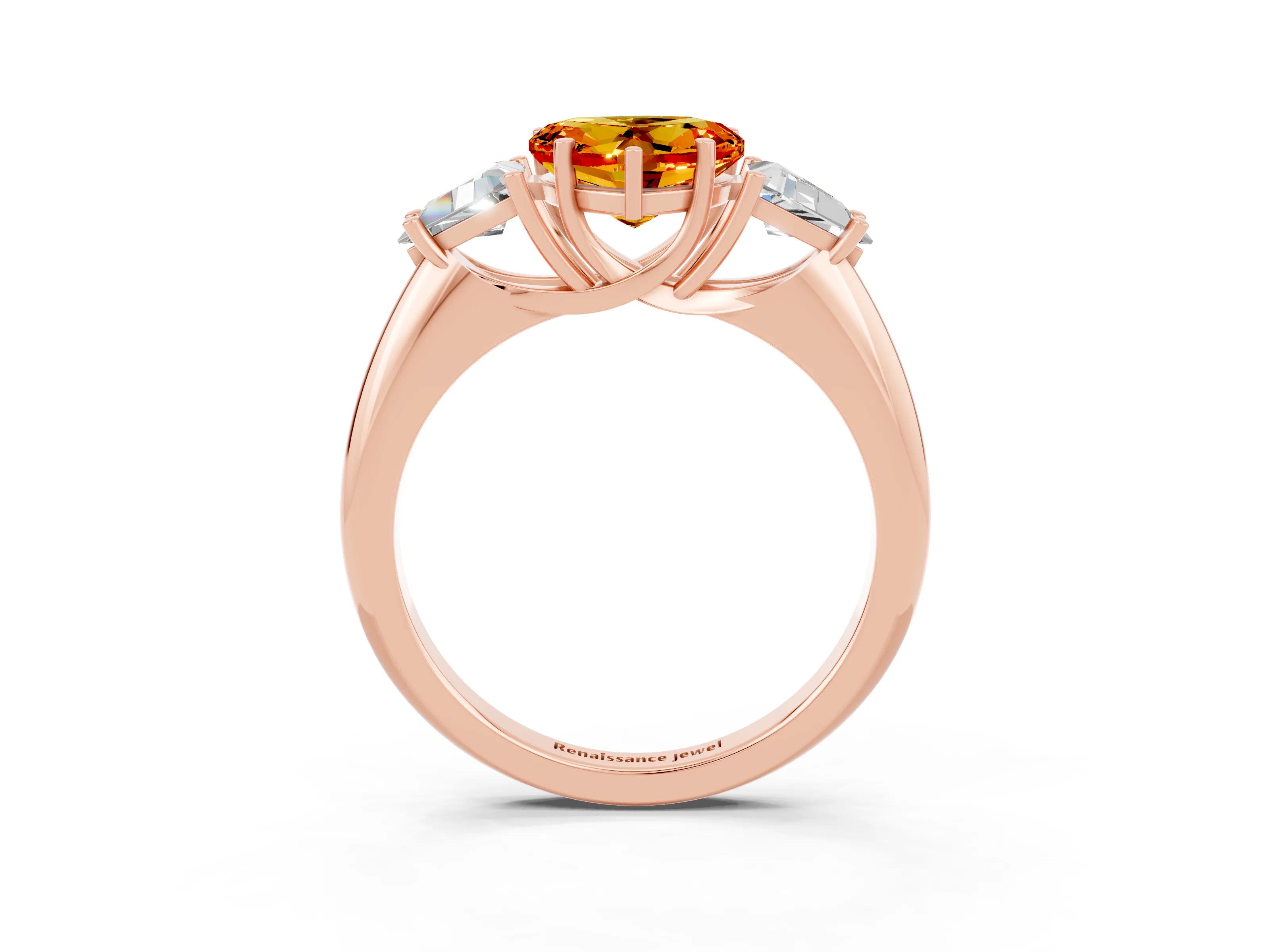 Rose gold Three-Stone Heart Cut Cut Diamond Ring with Trillion Side Stones and Four-Prong Setting_3