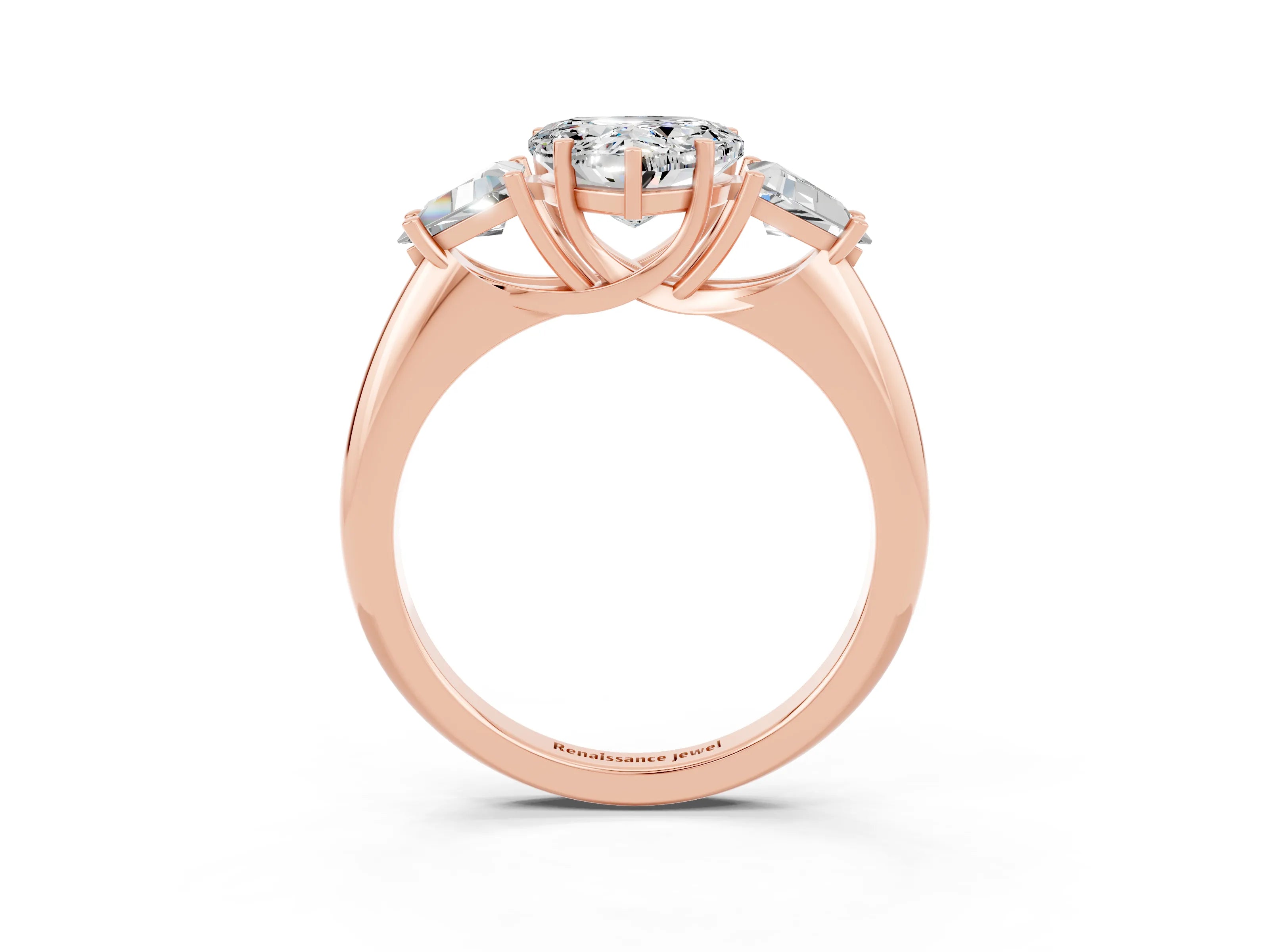 Rose gold Three-Stone Heart Cut Cut Diamond Ring with Trillion Side Stones and Four-Prong Setting_3