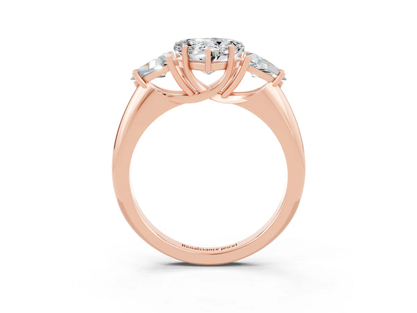 Rose gold Three-Stone Heart Cut Moissanite Engagement Ring with Trillion Side Stones and Prong Setting