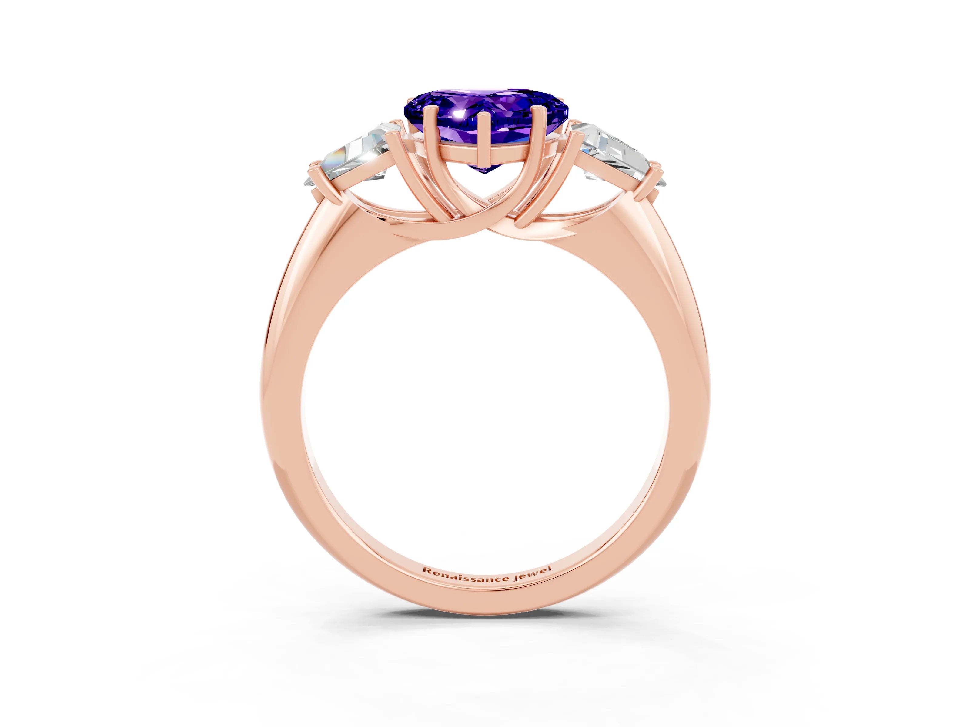Rose gold Three-Stone Heart Cut Cut Diamond Ring with Trillion Side Stones and Four-Prong Setting_3