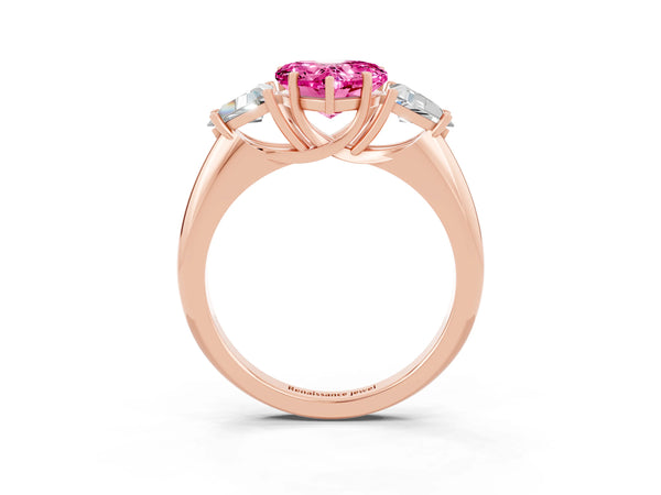 Rose gold Three-Stone Heart Cut Cut Diamond Ring with Trillion Side Stones and Four-Prong Setting