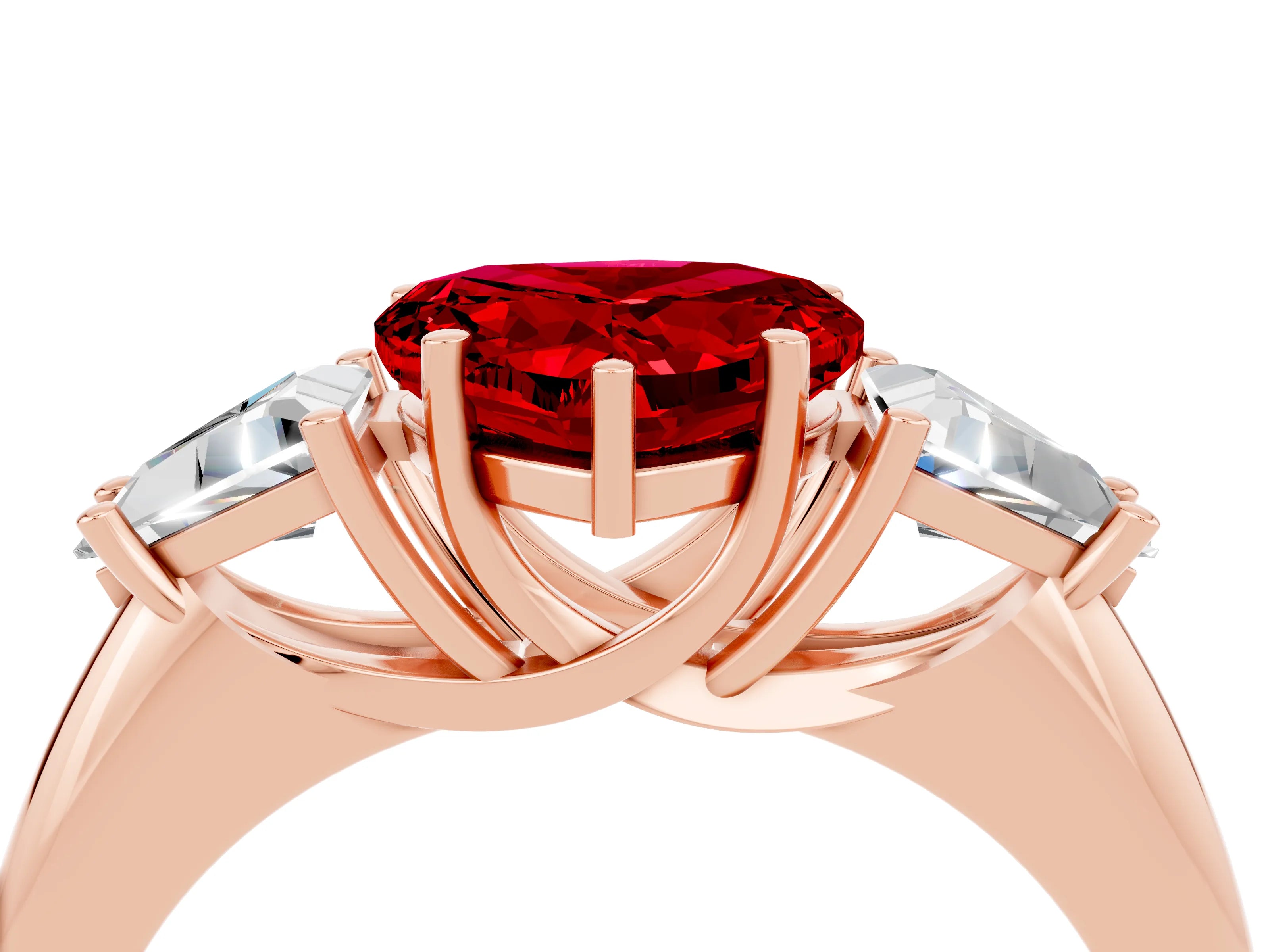 Rose gold Three-Stone Heart Cut Cut Diamond Ring with Trillion Side Stones and Four-Prong Setting_4