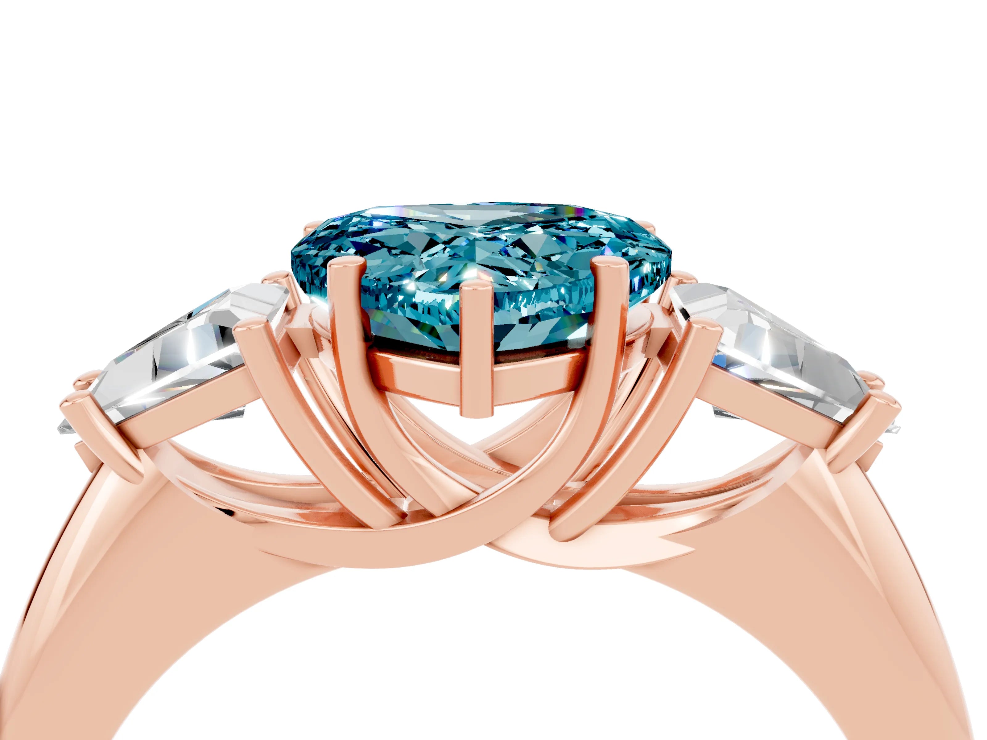 Rose gold Three-Stone Heart Cut Cut Diamond Ring with Trillion Side Stones and Four-Prong Setting_4