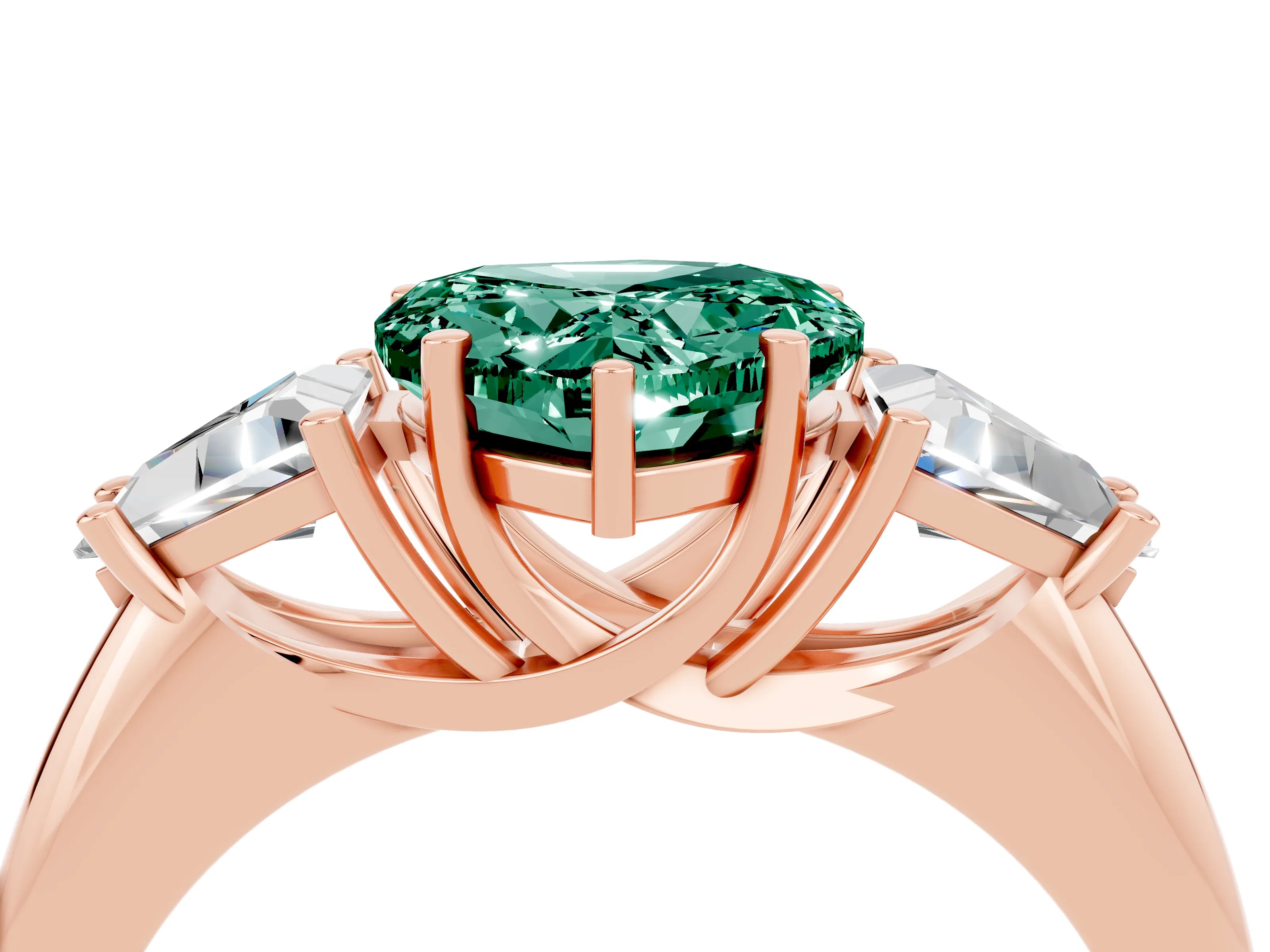 Rose gold Three-Stone Heart Cut Cut Diamond Ring with Trillion Side Stones and Four-Prong Setting_4