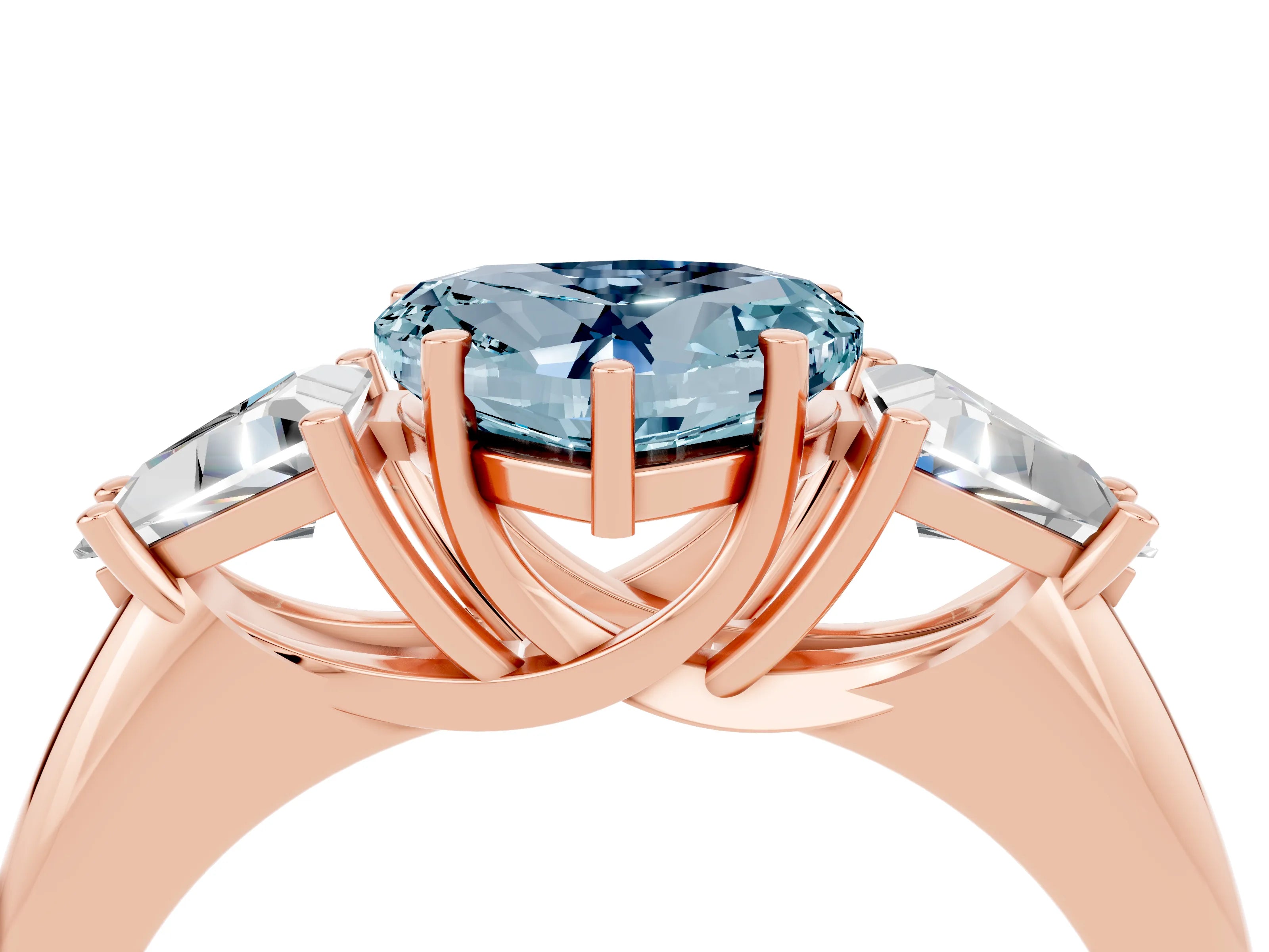 Rose gold Three-Stone Heart Cut Cut Diamond Ring with Trillion Side Stones and Four-Prong Setting_4