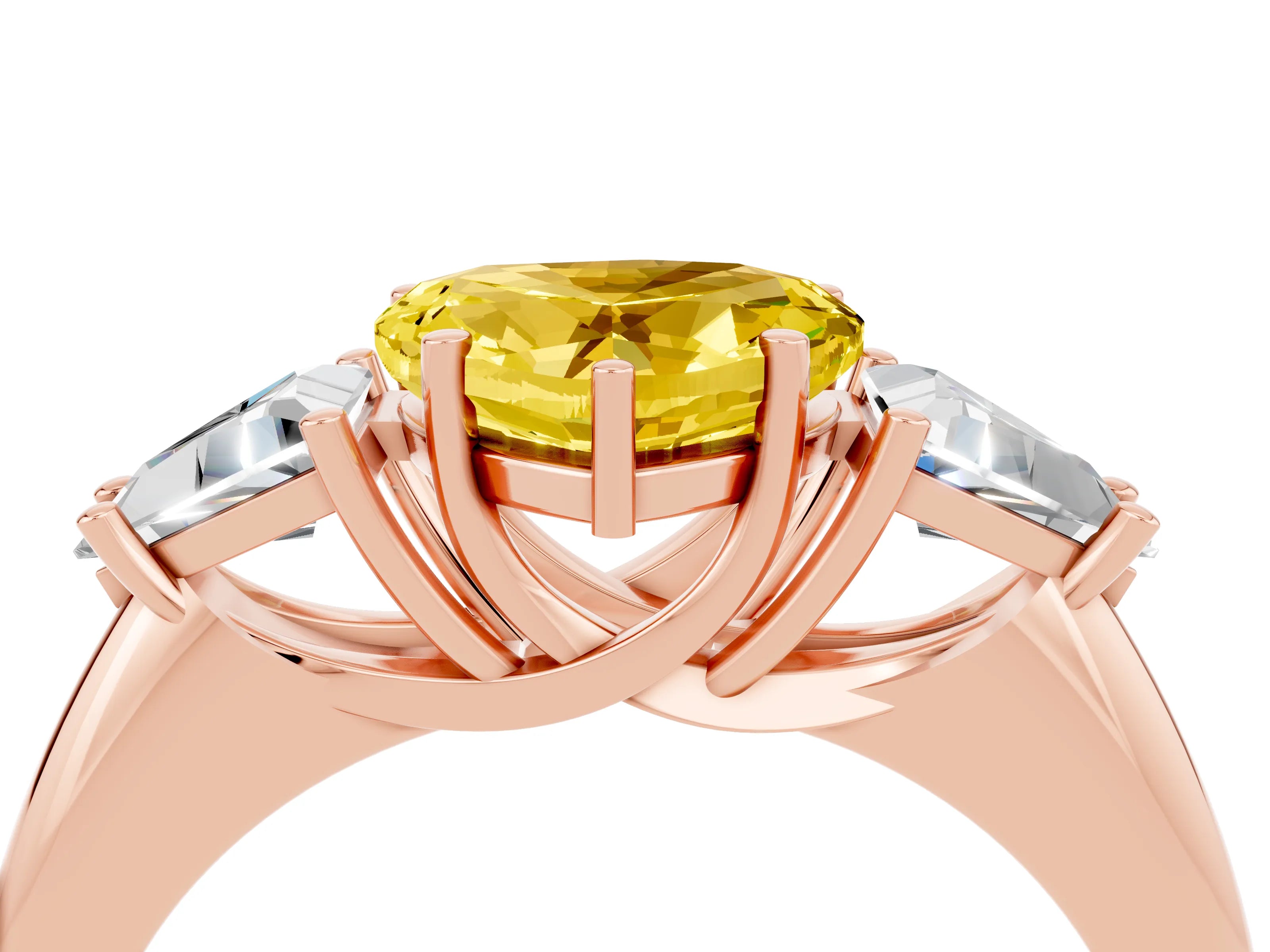 Rose gold Three-Stone Heart Cut Cut Diamond Ring with Trillion Side Stones and Four-Prong Setting_4