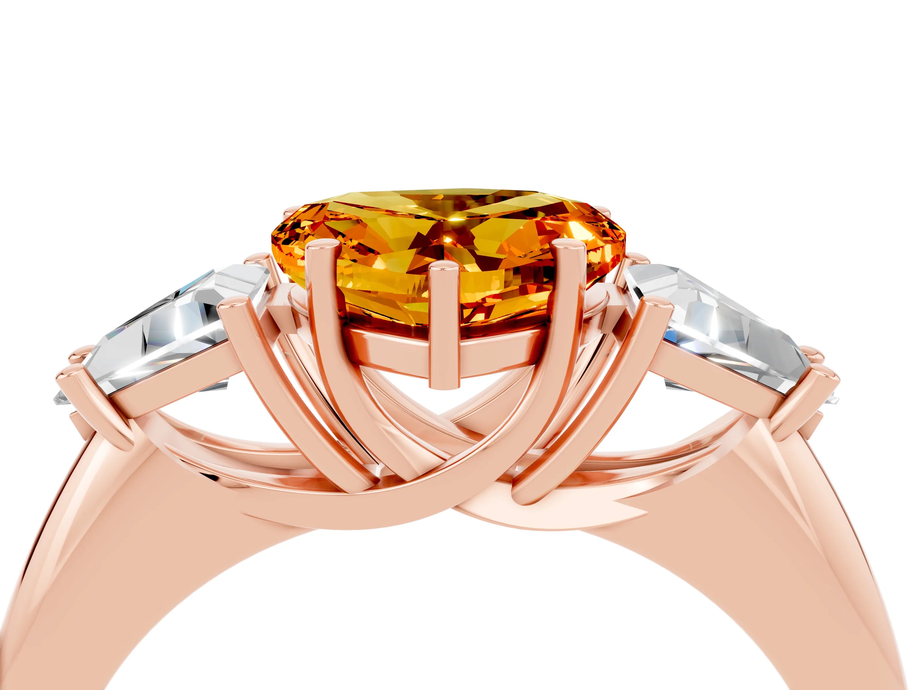 Rose gold Three-Stone Heart Cut Cut Diamond Ring with Trillion Side Stones and Four-Prong Setting_4