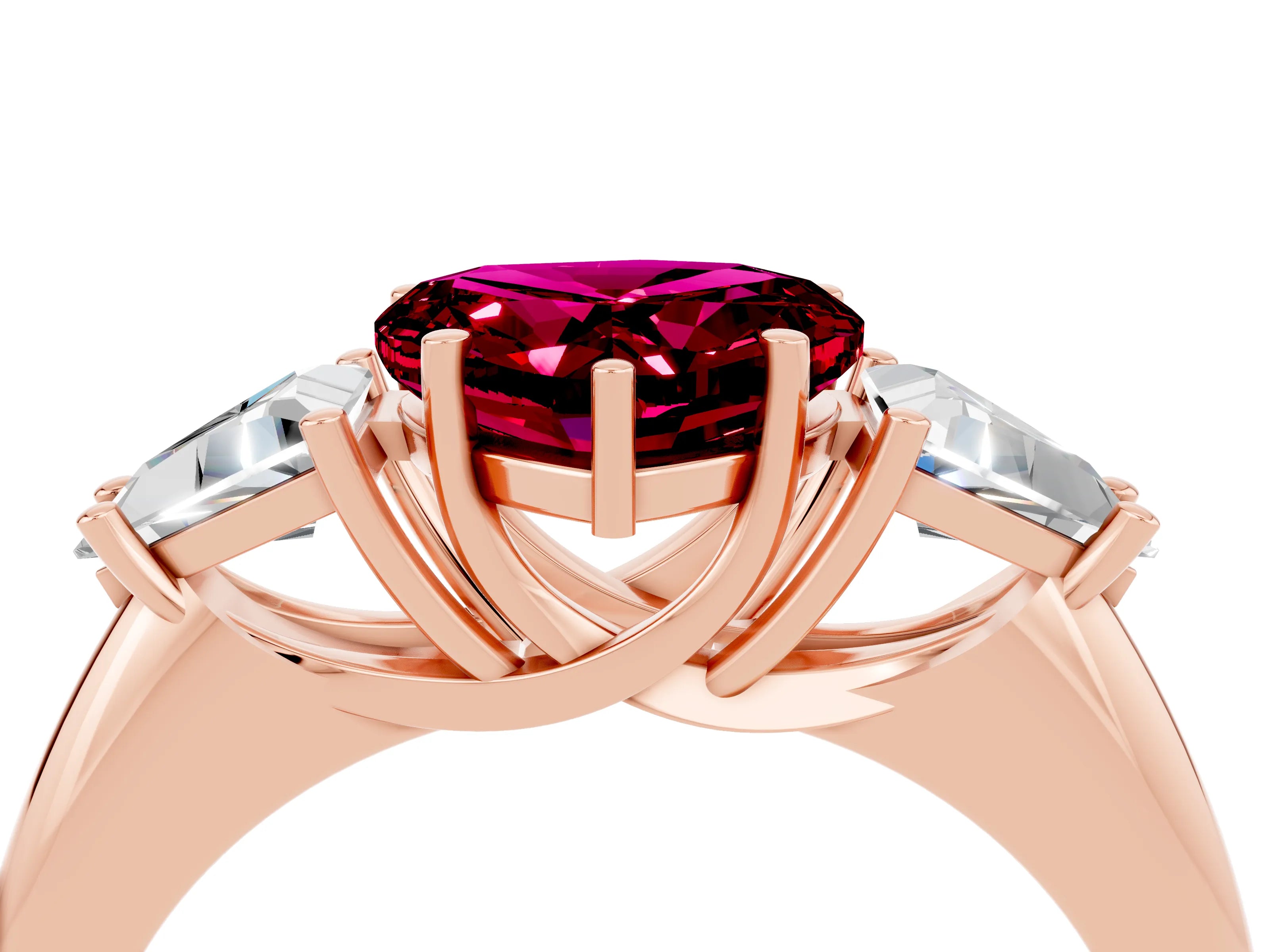 Rose gold Three-Stone Heart Cut Cut Diamond Ring with Trillion Side Stones and Four-Prong Setting_4