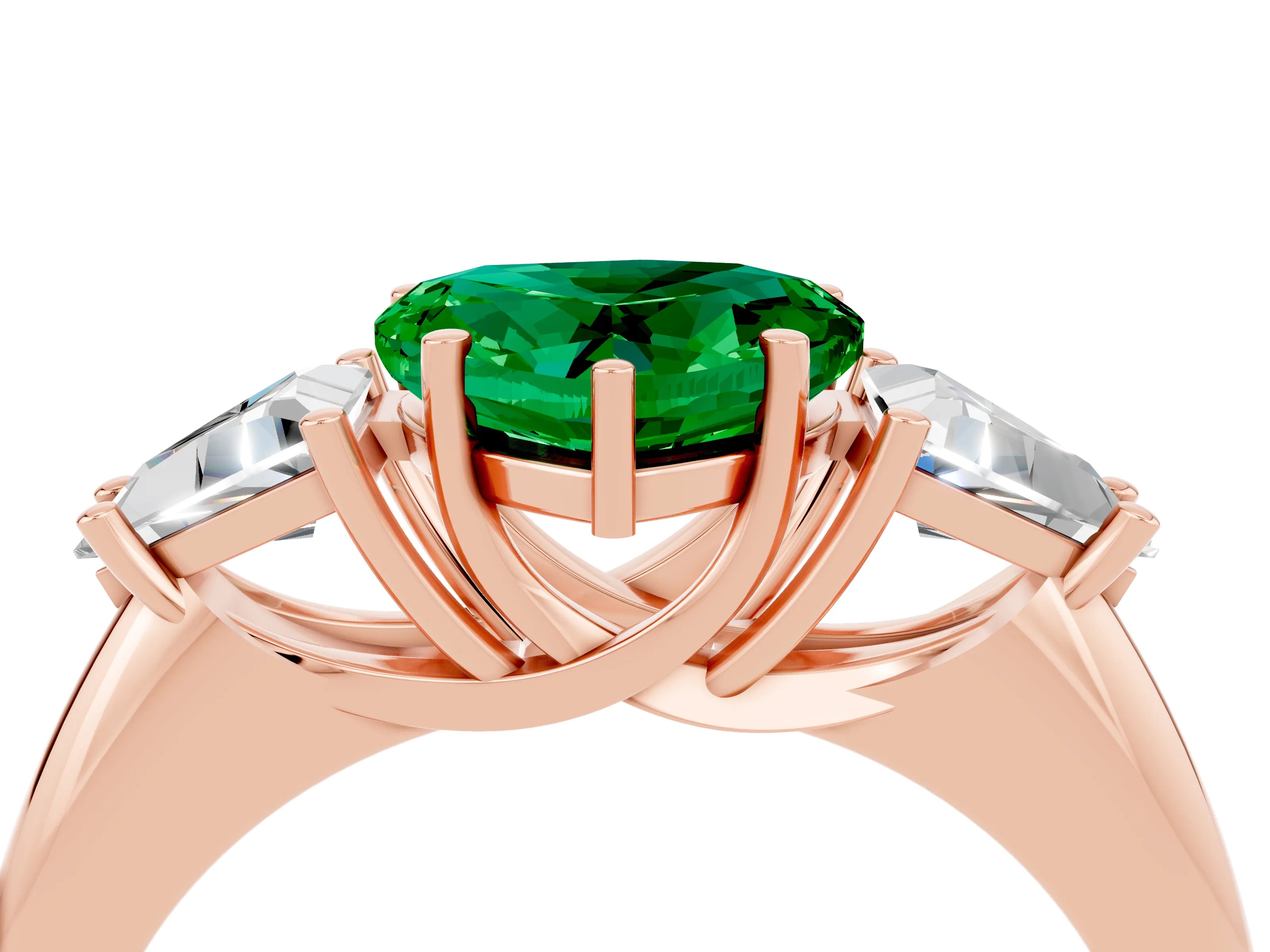 Rose gold Three-Stone Heart Cut Cut Diamond Ring with Trillion Side Stones and Four-Prong Setting_4