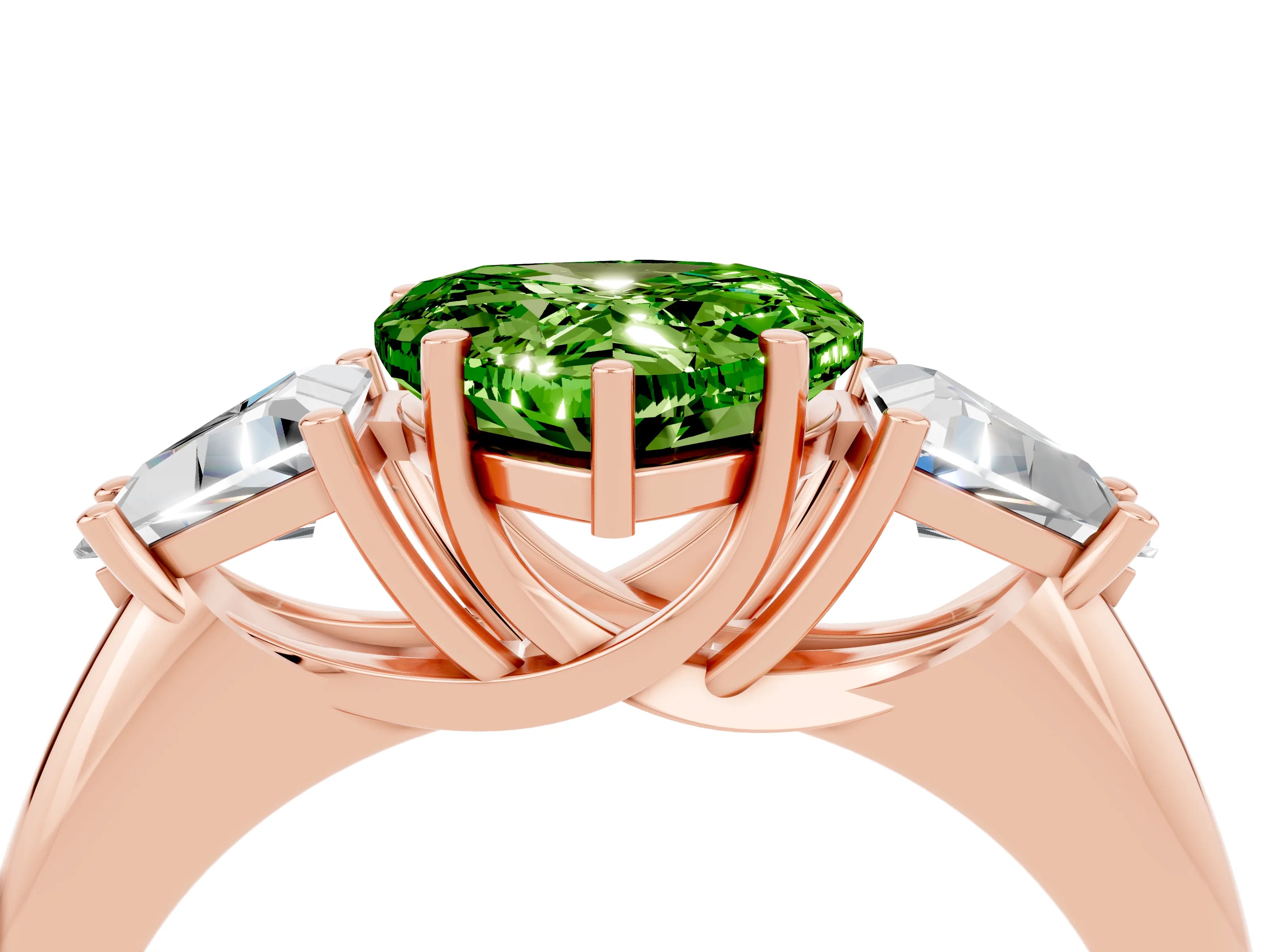 Rose gold Three-Stone Heart Cut Cut Diamond Ring with Trillion Side Stones and Four-Prong Setting_4