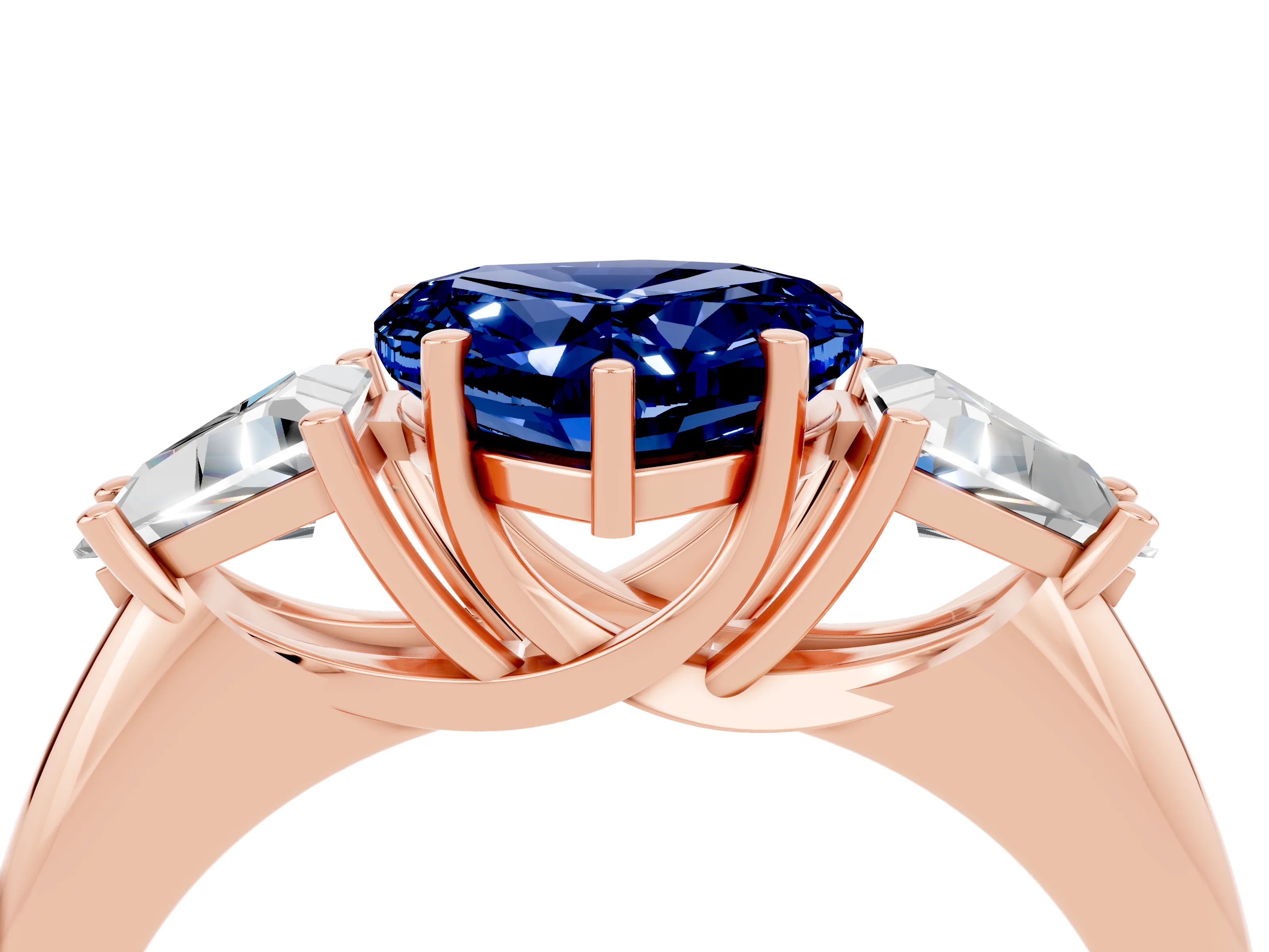 Rose gold Three-Stone Heart Cut Cut Diamond Ring with Trillion Side Stones and Four-Prong Setting_4