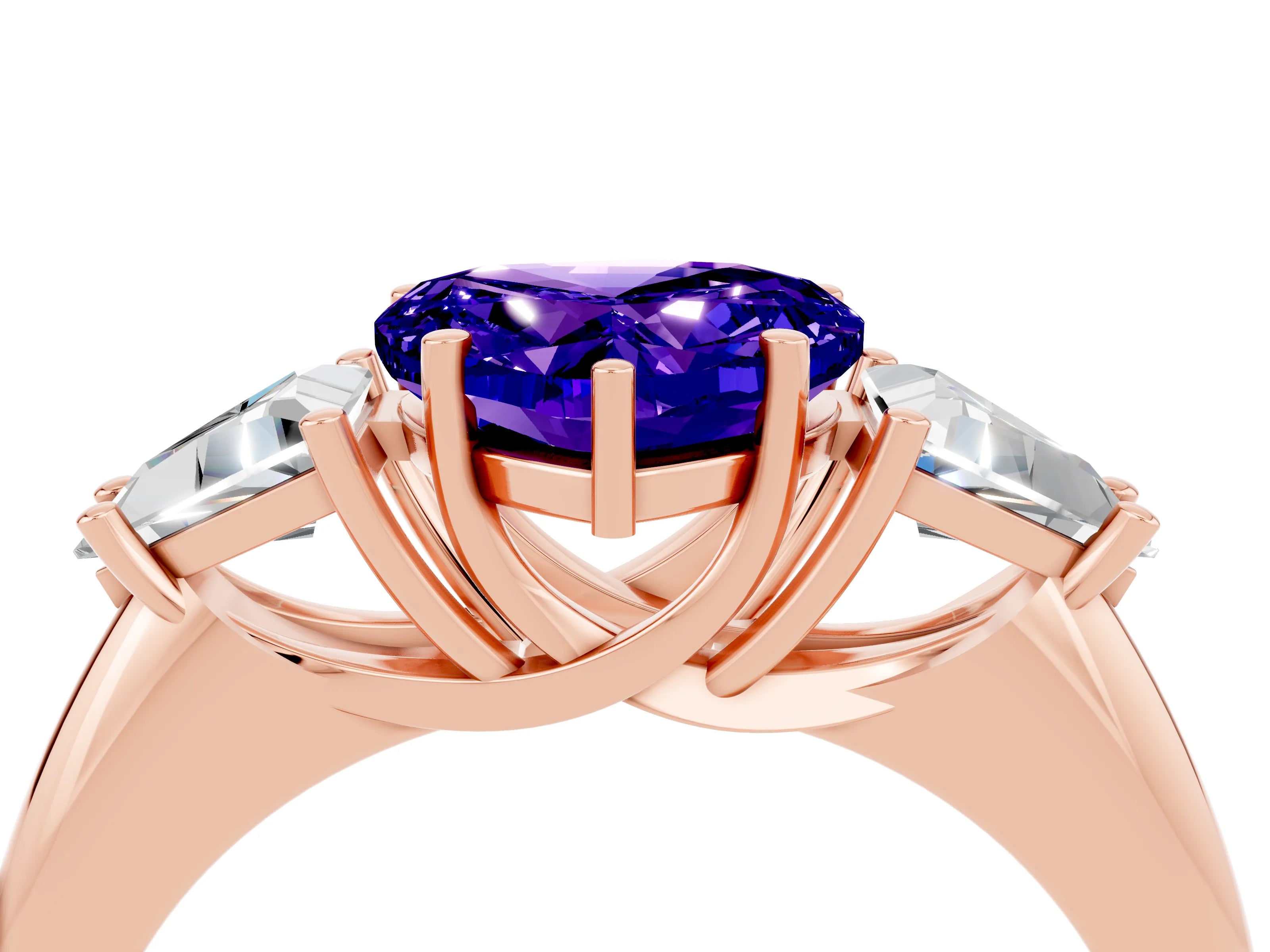 Rose gold Three-Stone Heart Cut Cut Diamond Ring with Trillion Side Stones and Four-Prong Setting_4