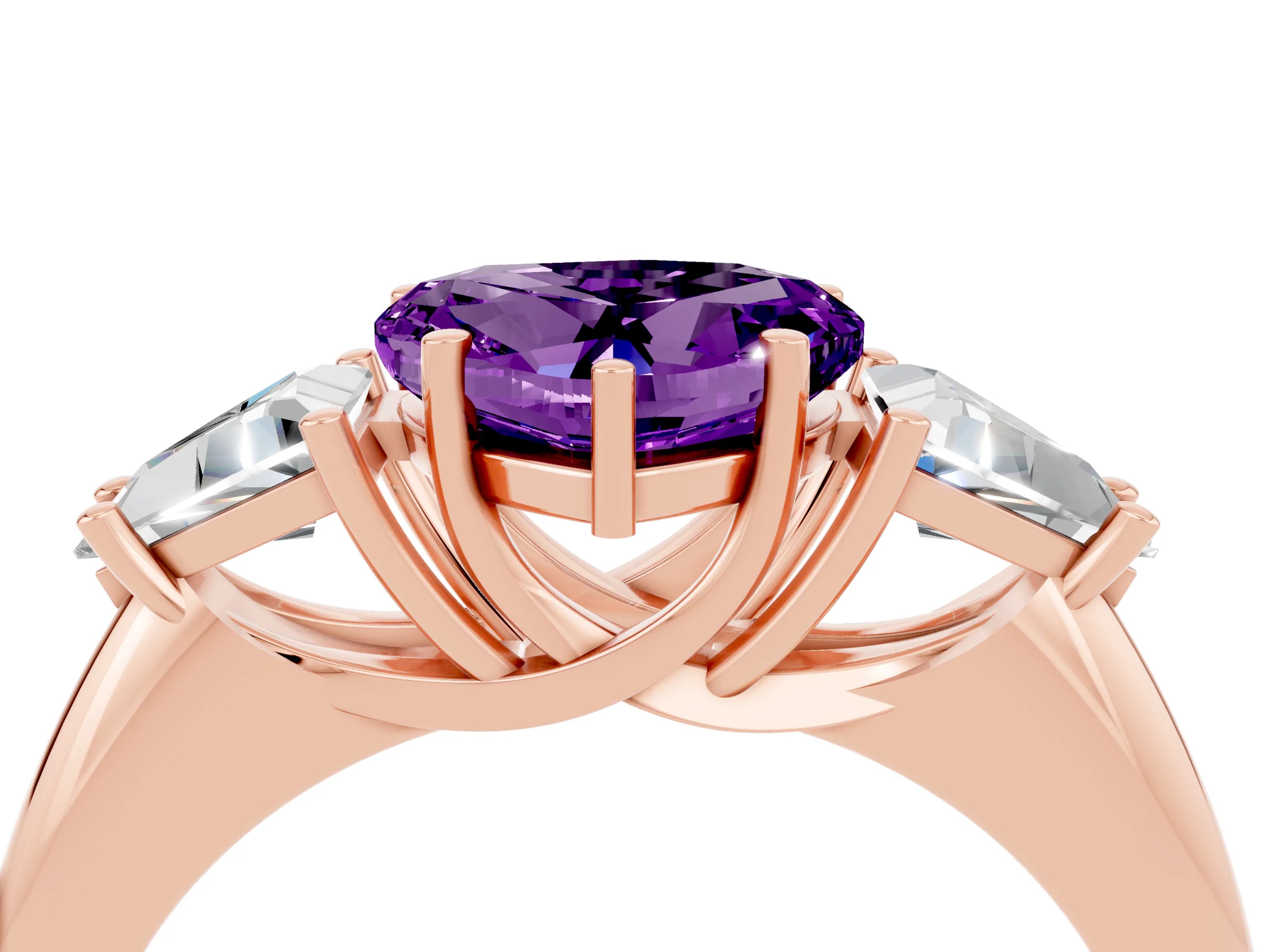 Rose gold Three-Stone Heart Cut Cut Diamond Ring with Trillion Side Stones and Four-Prong Setting_4