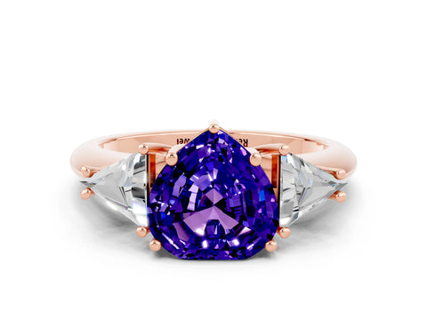 Rose gold Three-Stone Heart Cut Cut Diamond Ring with Trillion Side Stones and Four-Prong Setting