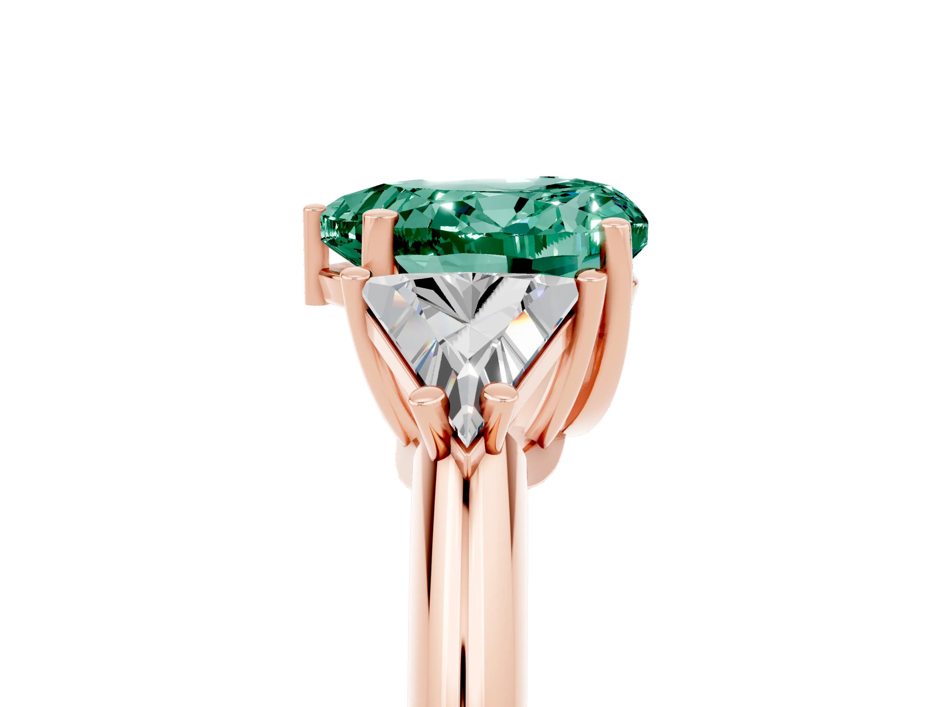 Rose gold Three-Stone Heart Cut Cut Diamond Ring with Trillion Side Stones and Four-Prong Setting_5