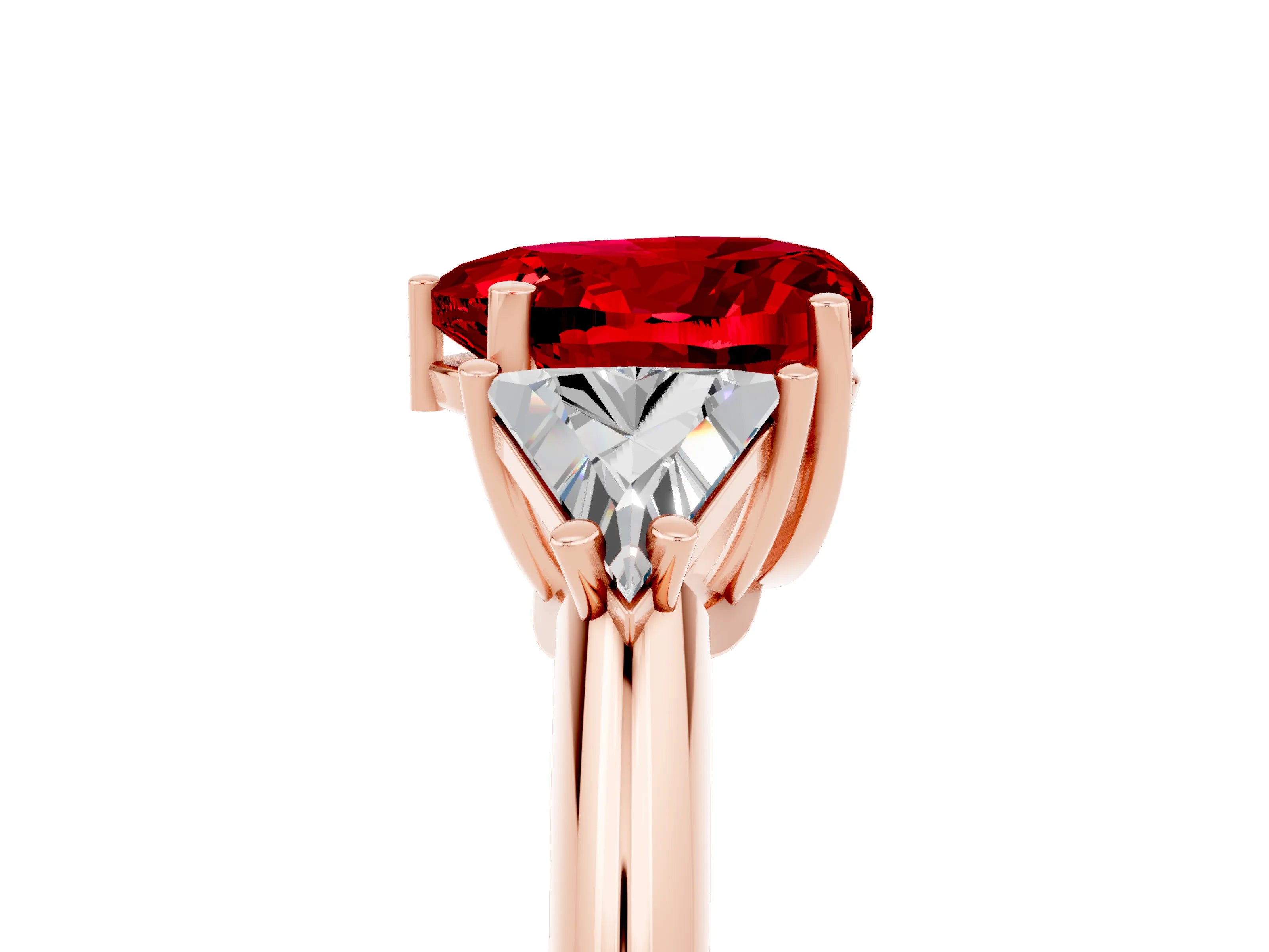 Rose gold Three-Stone Heart Cut Cut Diamond Ring with Trillion Side Stones and Four-Prong Setting_5