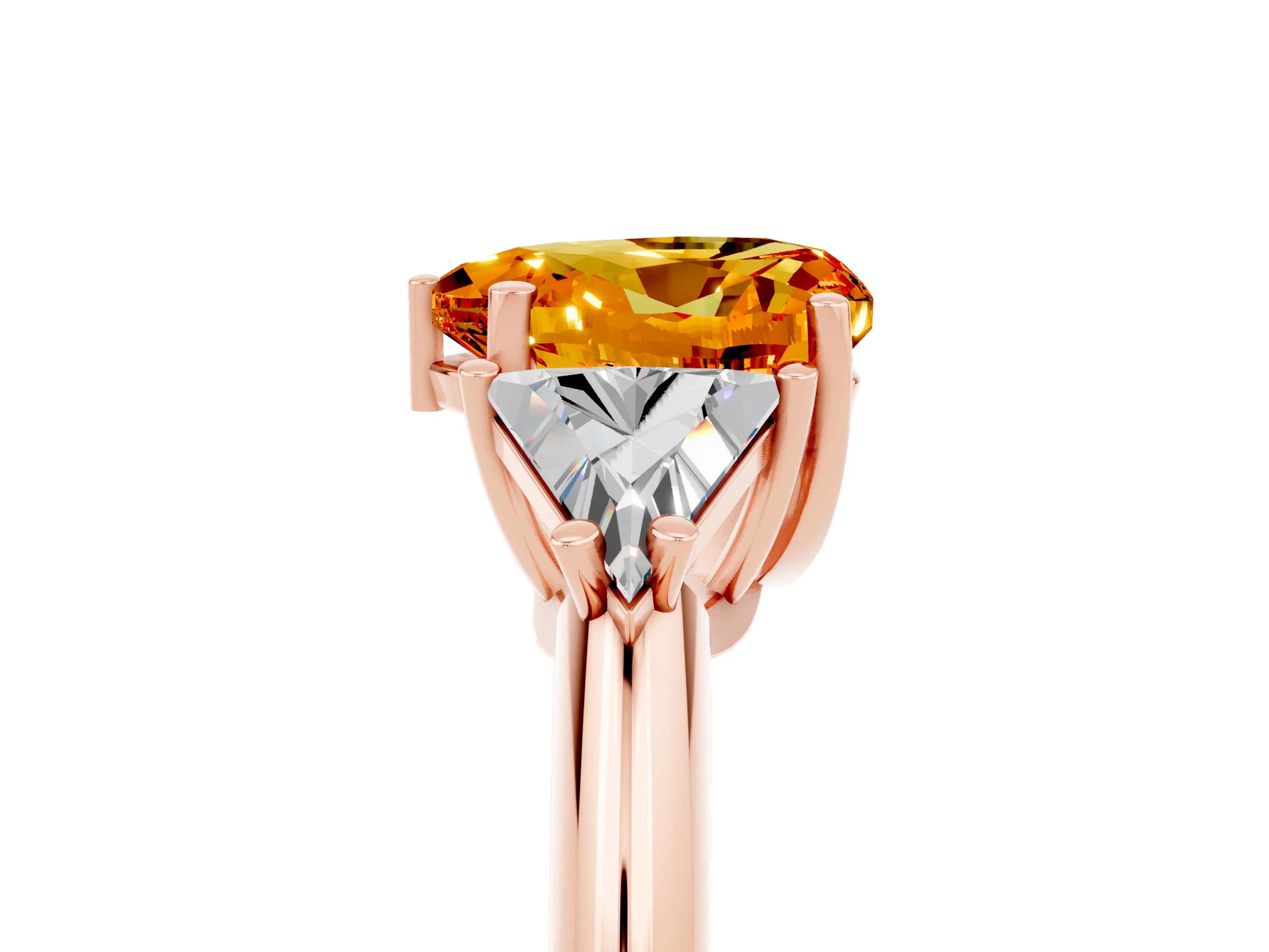 Rose gold Three-Stone Heart Cut Cut Diamond Ring with Trillion Side Stones and Four-Prong Setting_5