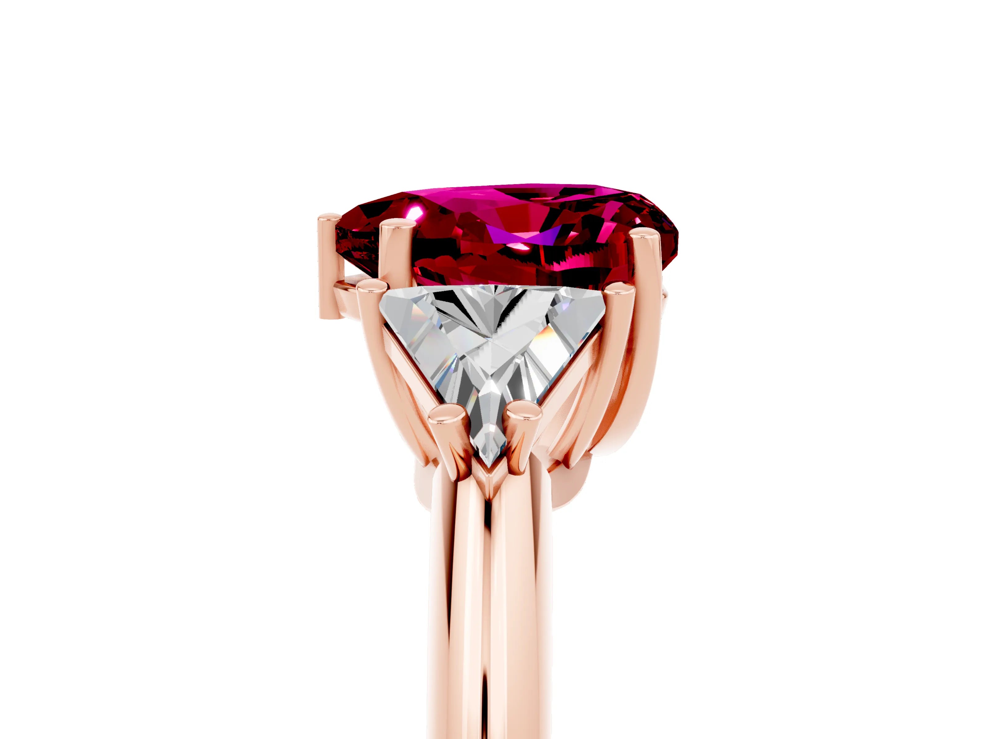 Rose gold Three-Stone Heart Cut Cut Diamond Ring with Trillion Side Stones and Four-Prong Setting_5