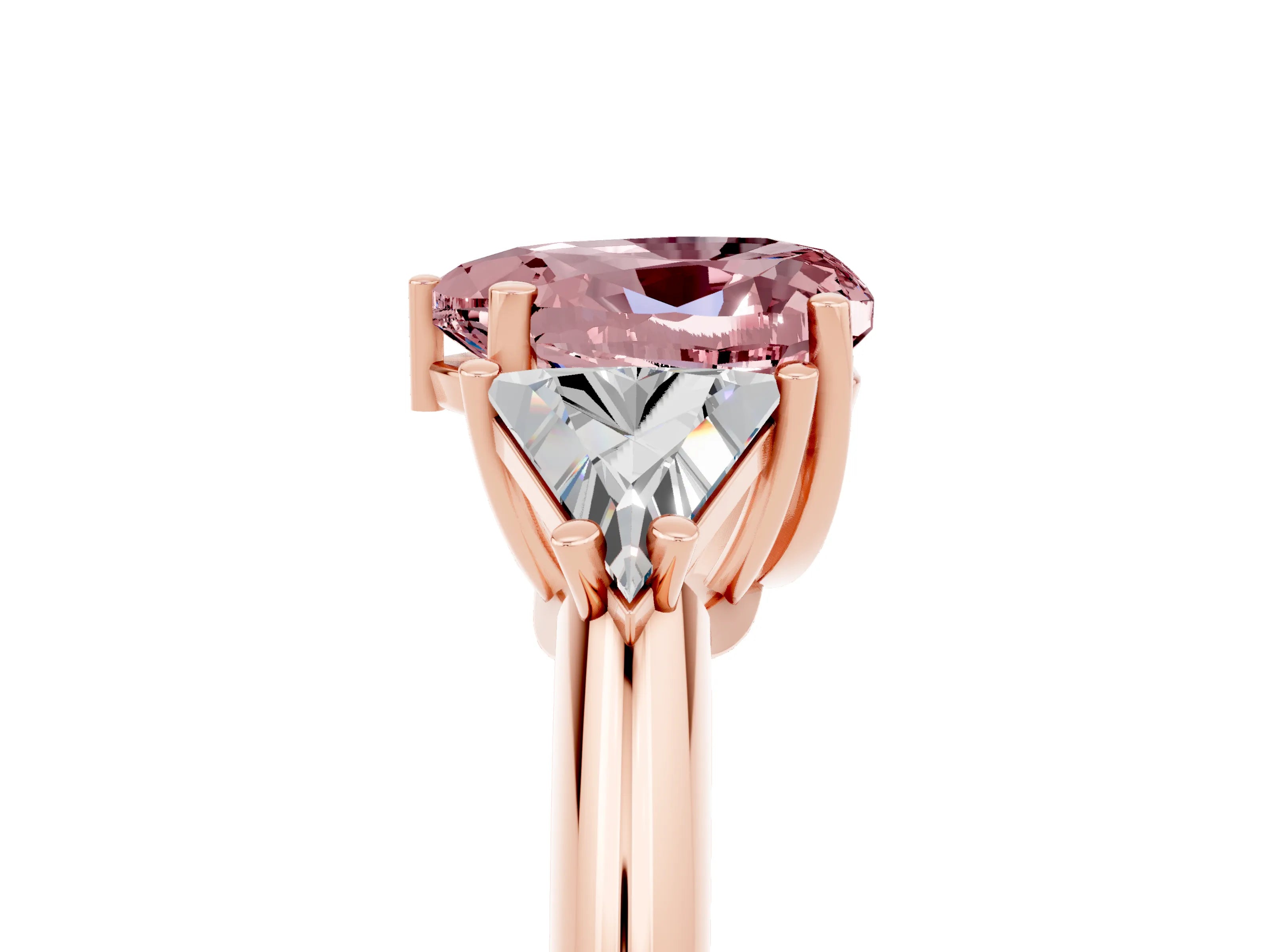 Rose gold Three-Stone Heart Cut Cut Diamond Ring with Trillion Side Stones and Four-Prong Setting_5