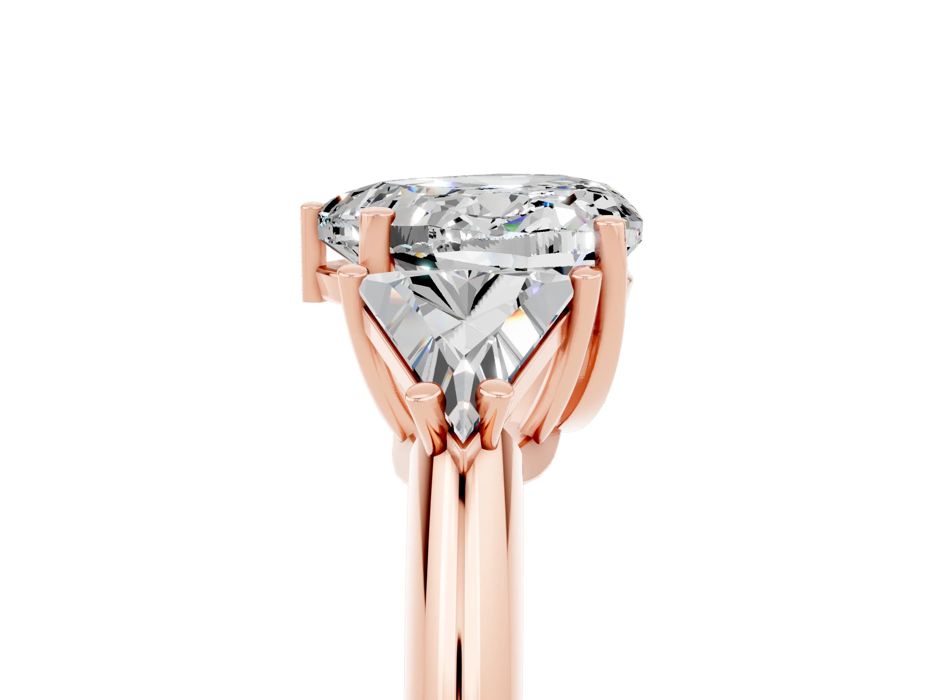 Rose gold Three-Stone Heart Cut Cut Diamond Ring with Trillion Side Stones and Four-Prong Setting_5