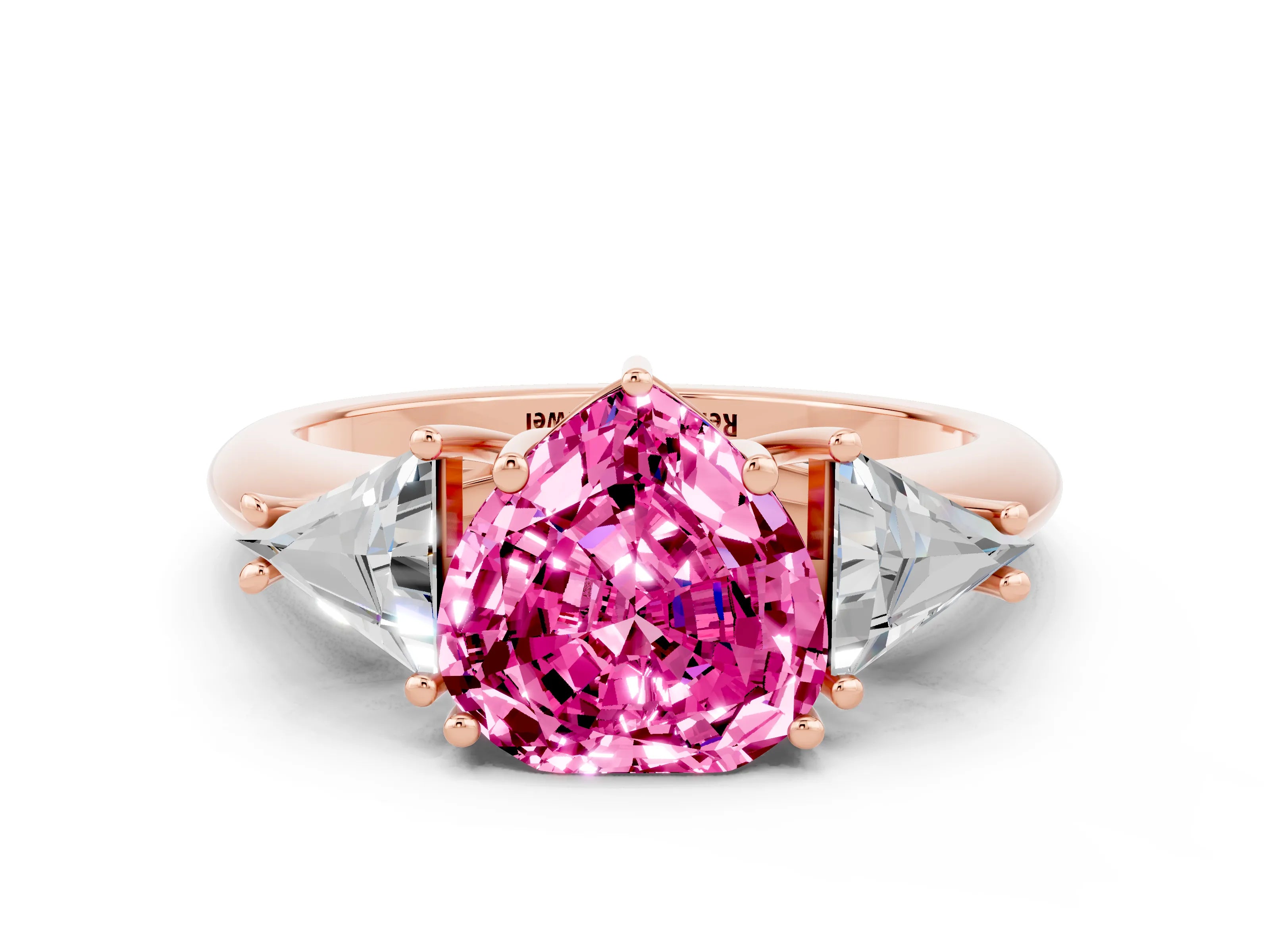Rose gold Three-Stone Heart Cut Cut Diamond Ring with Trillion Side Stones and Four-Prong Setting