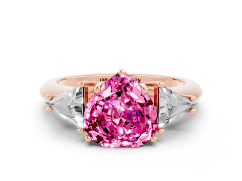 Rose gold Three-Stone Heart Cut Cut Diamond Ring with Trillion Side Stones and Four-Prong Setting