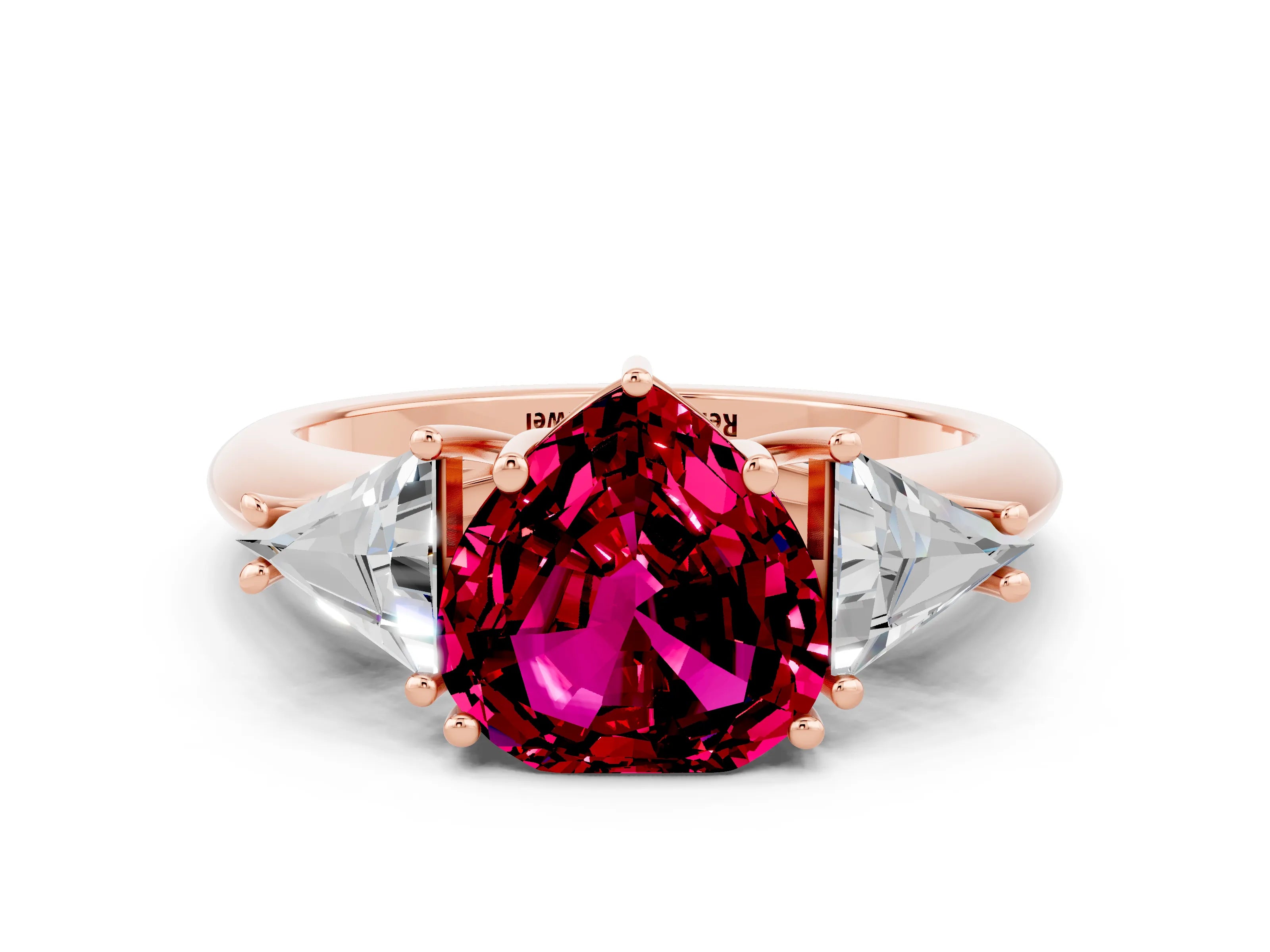 Rose gold Three-Stone Heart Cut Cut Diamond Ring with Trillion Side Stones and Four-Prong Setting