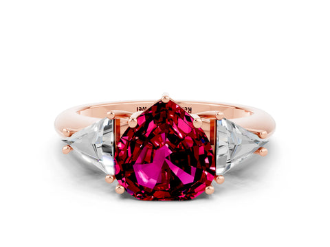 Rose gold Three-Stone Heart Cut Cut Diamond Ring with Trillion Side Stones and Four-Prong Setting