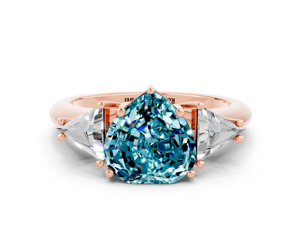Rose gold Three-Stone Heart Cut Cut Diamond Ring with Trillion Side Stones and Four-Prong Setting
