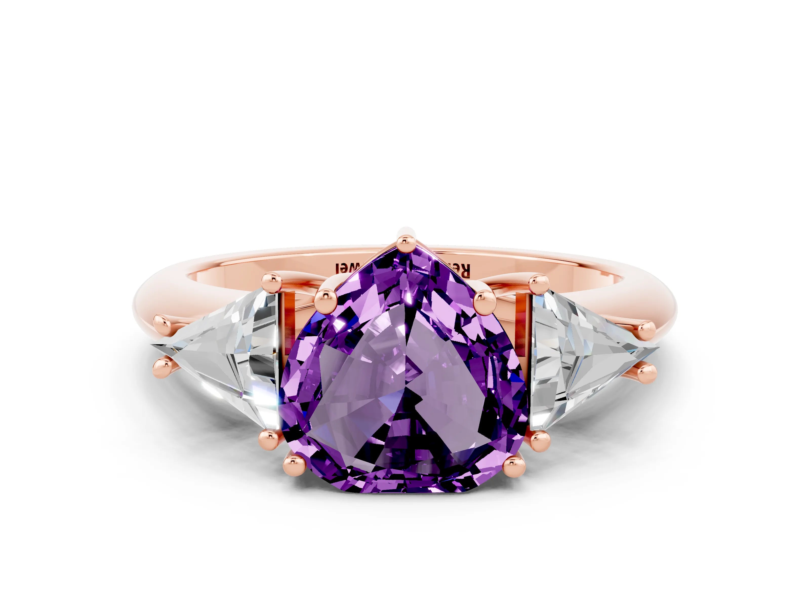 Rose gold Three-Stone Heart Cut Cut Diamond Ring with Trillion Side Stones and Four-Prong Setting