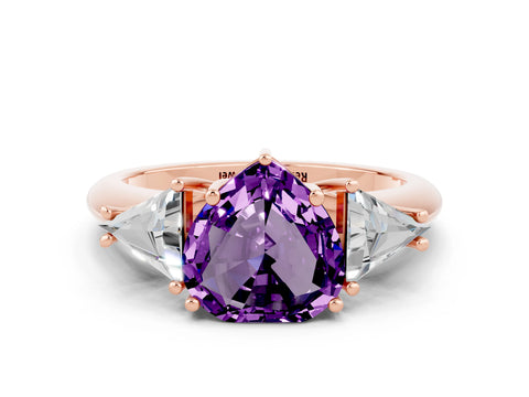 Rose gold Three-Stone Heart Cut Cut Diamond Ring with Trillion Side Stones and Four-Prong Setting