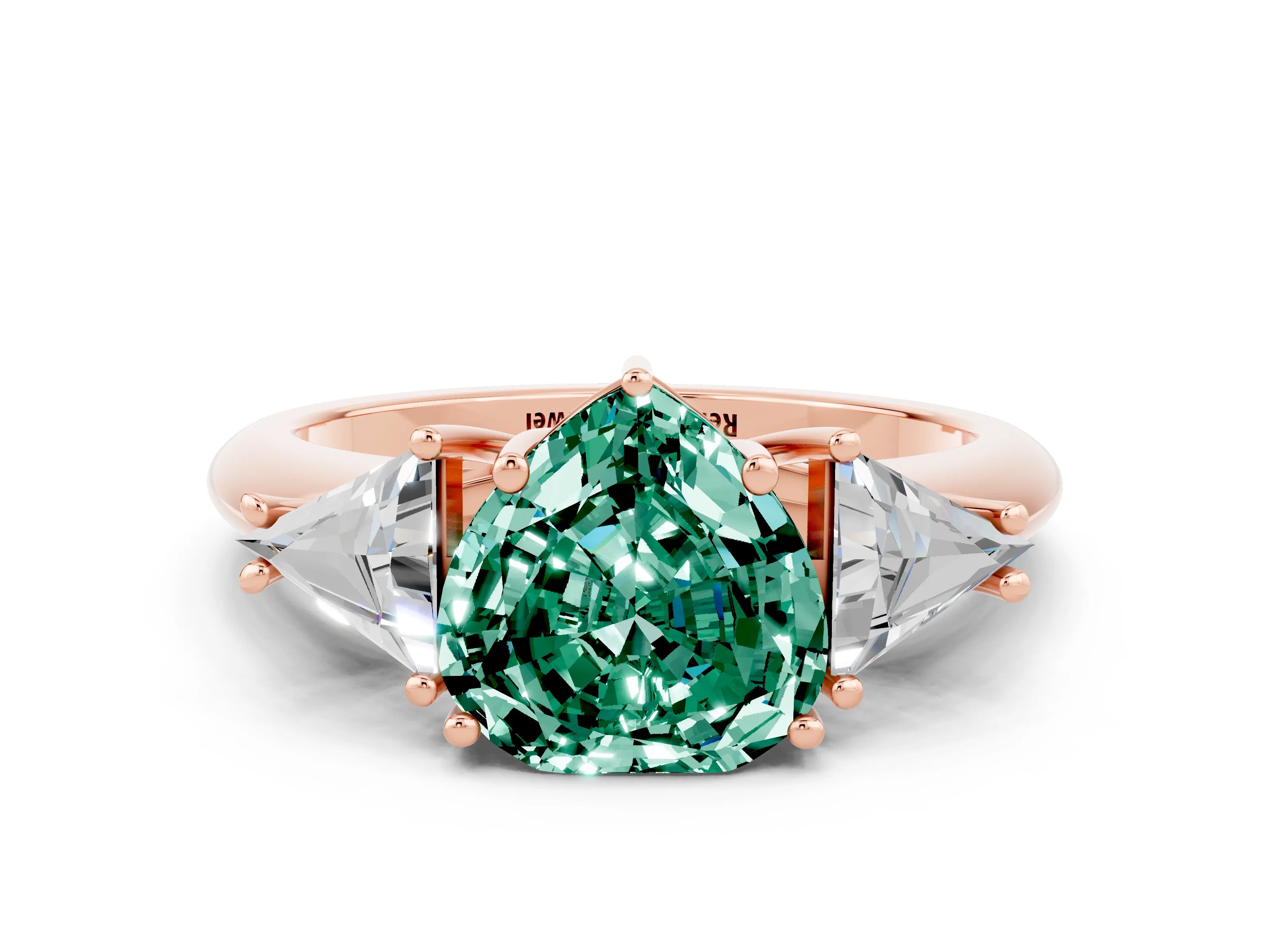 Rose gold Three-Stone Heart Cut Cut Diamond Ring with Trillion Side Stones and Four-Prong Setting