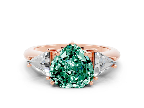 Rose gold Three-Stone Heart Cut Green Sapphire Engagement Ring with Trillion Side Stones and Prong Setting