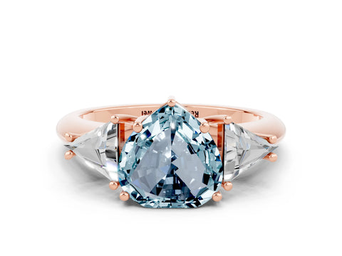 Rose gold Three-Stone Heart Cut Cut Diamond Ring with Trillion Side Stones and Four-Prong Setting