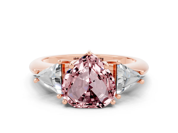 Rose gold Three-Stone Heart Cut Cut Diamond Ring with Trillion Side Stones and Four-Prong Setting