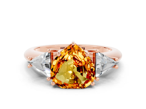 Rose gold Three-Stone Heart Cut Cut Diamond Ring with Trillion Side Stones and Four-Prong Setting