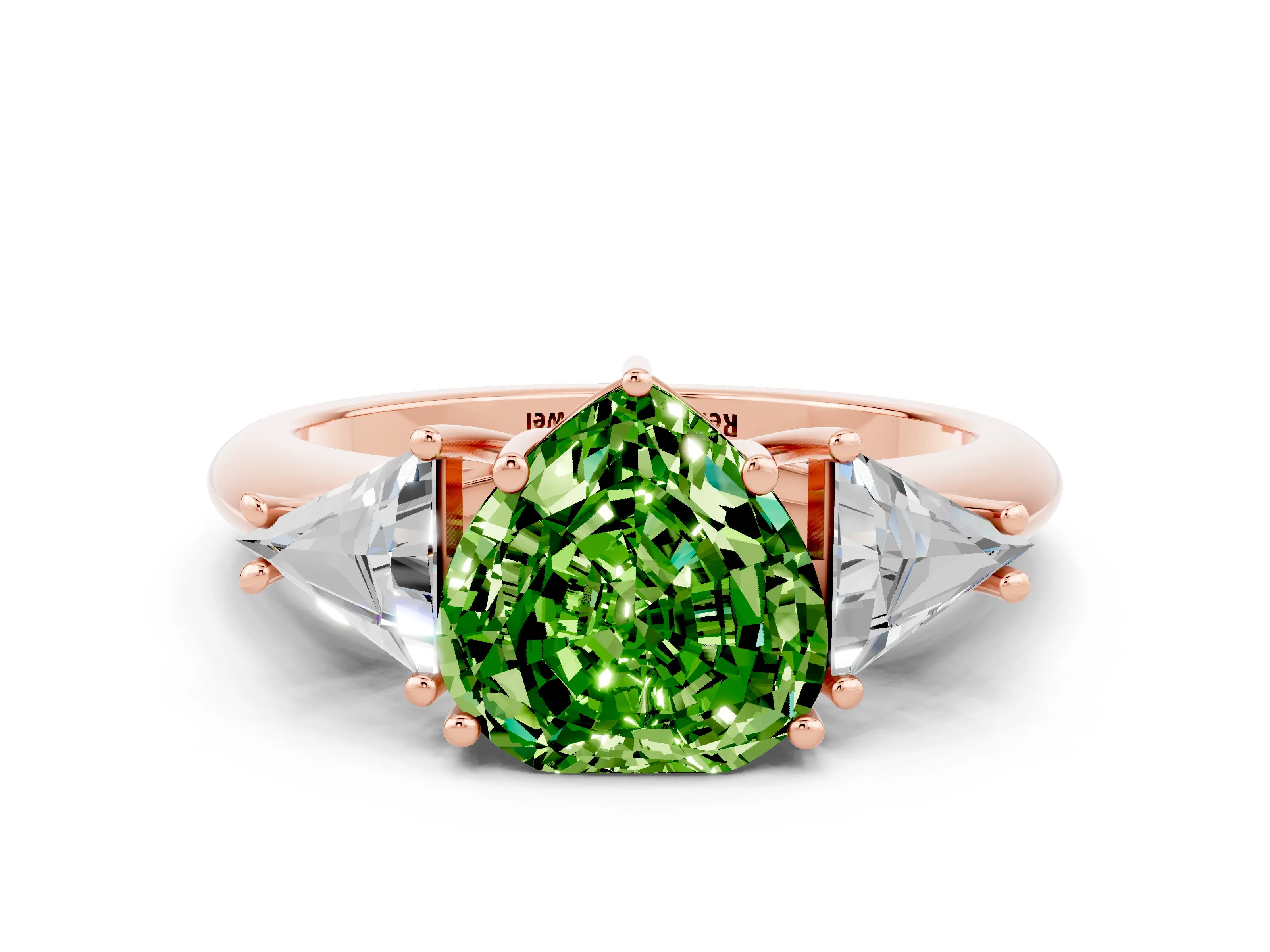 Rose gold Three-Stone Heart Cut Cut Diamond Ring with Trillion Side Stones and Four-Prong Setting