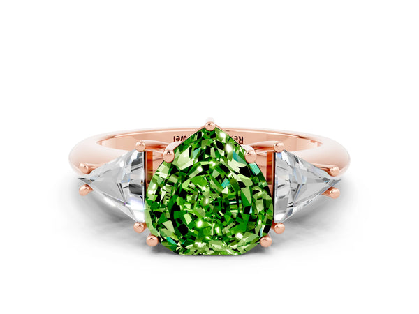 Rose gold Three-Stone Heart Cut Cut Diamond Ring with Trillion Side Stones and Four-Prong Setting