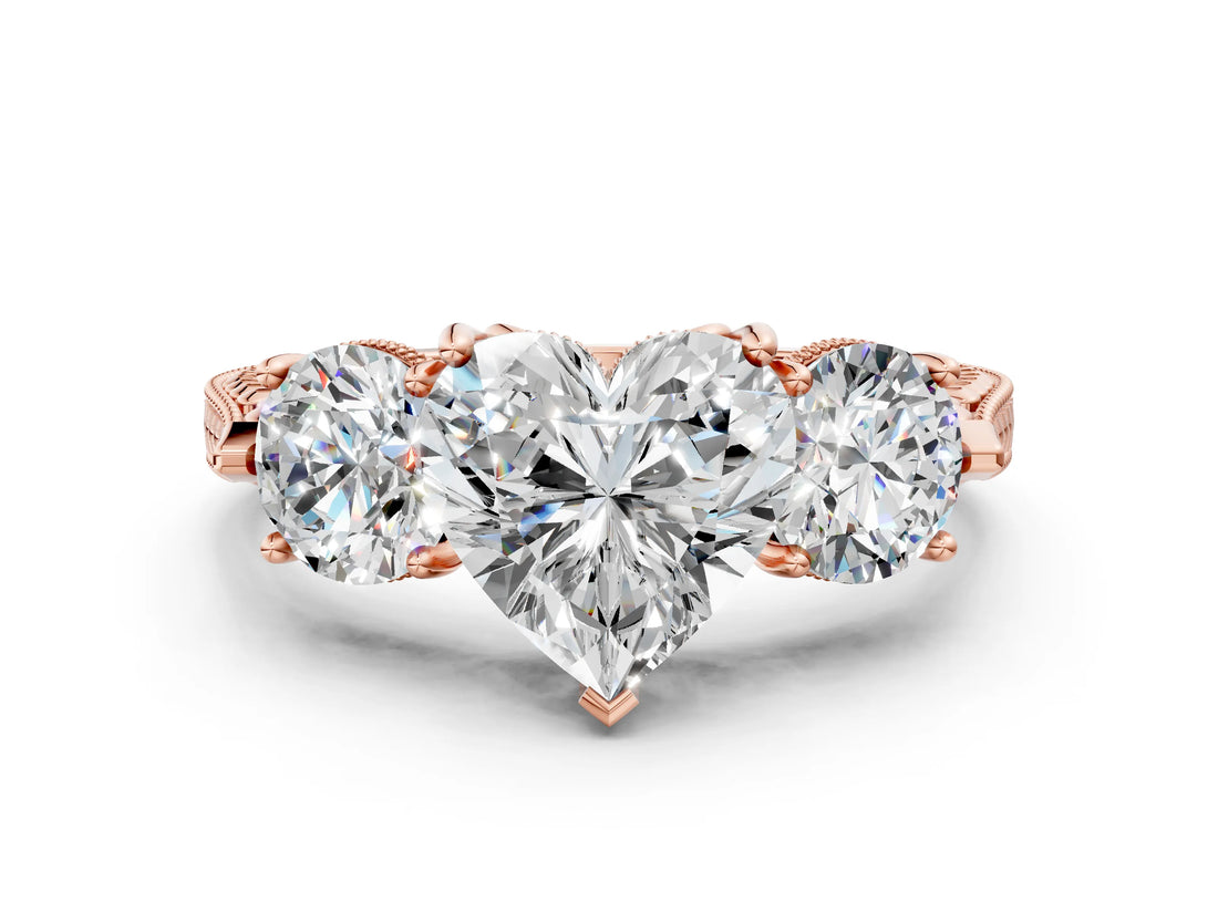 Rose gold Three-Stone Heart Cut Cut Milgrain Band Prong Setting Ring_45