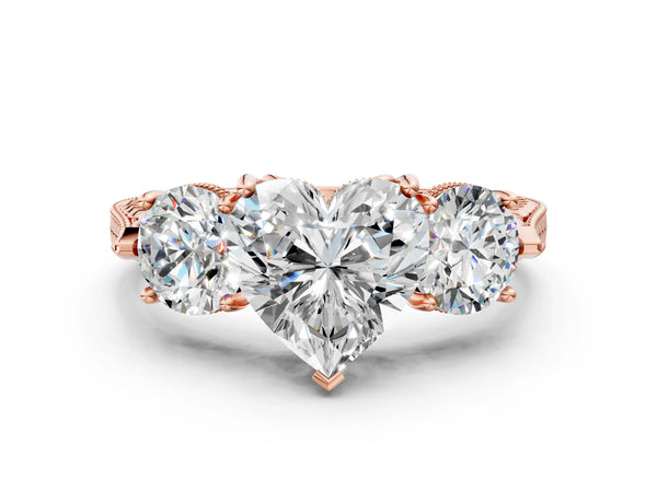Rose Gold Heart-Shaped Vintage Three Stone Engagement Ring Setting