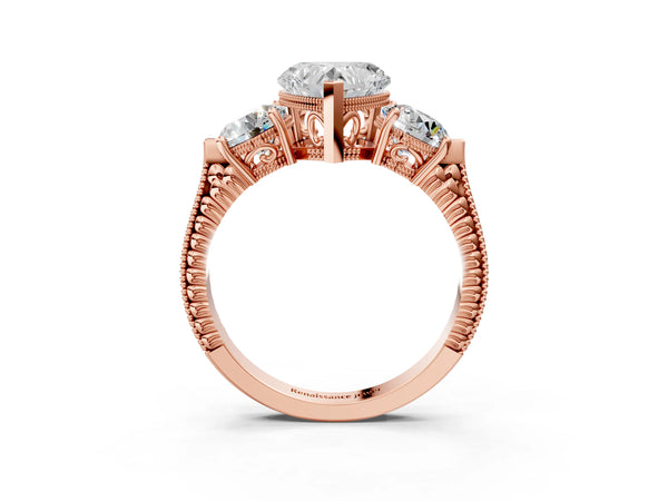 Rose Gold Heart-Shaped Vintage Three Stone Engagement Ring Setting