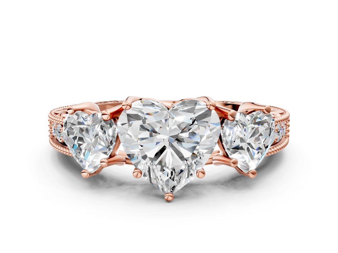 Rose gold Three-Stone Heart Cut Cut Milgrain Pavé Engagement Ring_19