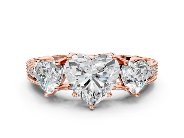 Rose Gold Heart-Shaped Vintage Three Stone Engagement Ring Setting with Milgrain Pave Band