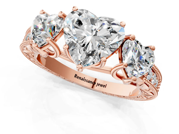 Rose Gold Heart-Shaped Vintage Three Stone Engagement Ring Setting with Milgrain Pave Band
