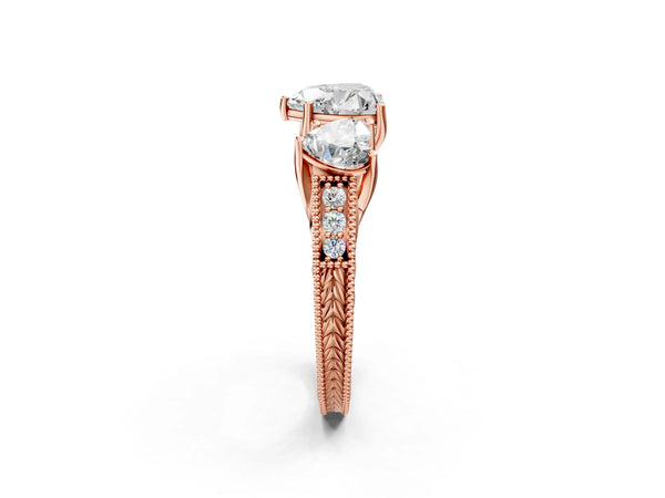 Rose Gold Heart-Shaped Vintage Three Stone Engagement Ring Setting with Milgrain Pave Band