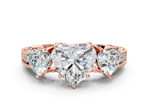 Rose gold Three-Stone Heart Cut Cut Milgrain Pavé Engagement Ring