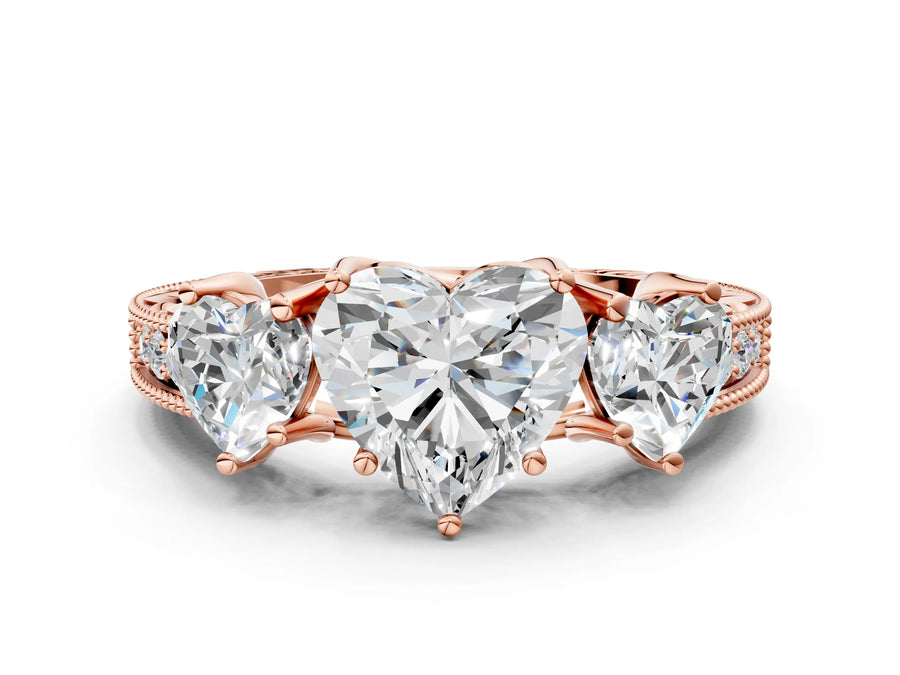 Rose gold Three-Stone Heart Cut Cut Milgrain Pavé Engagement Ring