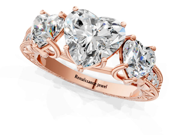 Rose gold Three-Stone Heart Cut Cut Milgrain Pavé Engagement Ring